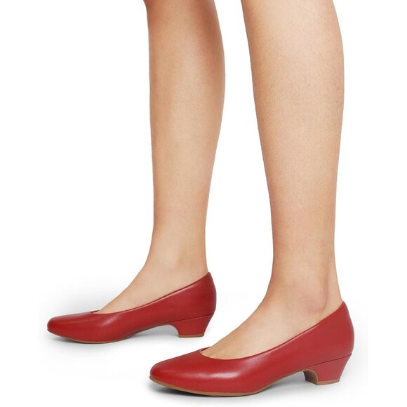 Dream Pairs Women's Red Pu Closed Pointed Toe Low Chunky Heel Pump Shoes - Picture 5 of 8
